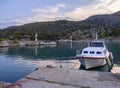 Fishing boats stand in the marina of the resort town of Methana in the Peloponnese in Greece Royalty Free Stock Photo