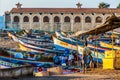 Fishing boats standing on the shore in Kanyakumari town