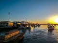 Fishing boats at sunset in Isla Cristina harbour, Huelva, province of Andalusia, Spain Royalty Free Stock Photo