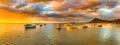 Fishing boats at sunset time. Amazing landscape. Panorama Royalty Free Stock Photo