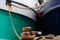 Fishing Boats Tied To Rusty Harbor Bollard Royalty Free Stock Photo