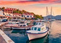 Fishing boats in Vathi port. Colorful evening scene of Peloponnese peninsula, Greece, Europe Royalty Free Stock Photo