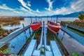 Fishing boats in the village of Hurden on the shores of the upper Zurich Lake, Schwyz, Switzerland