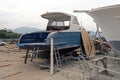 Fishing boats, wooden boats and ships on the lift in a shipyard in Bodrum, Turkey Royalty Free Stock Photo