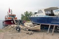 Fishing boats, wooden boats and ships on the lift in a shipyard in Bodrum, Turkey