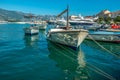 Fishing boats and yachts moored in old port in Budva, Montenegro Water, sailing. Royalty Free Stock Photo