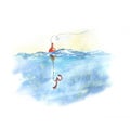 Fishing bobber and hook with worm, fishing line watercolor drawing of a fish hook under water isolated on a white Royalty Free Stock Photo