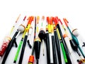 Fishing bobbers isolated on a white background. Composition of plastic fishing floats.