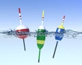 Fishing bobbers on water surface