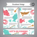 Fishing brochure. Go fishing text. Banners with quotes about fishing. Flat fish icons, with net or rod. Salmon steak and Royalty Free Stock Photo