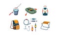 Fishing and camping icons set, bucket and fishing rod, rubber boat, kerosene lamp, backpack, hook, bobber, bait, folding Royalty Free Stock Photo