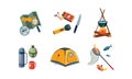 Fishing and camping icons set, map, compass, flashlight, tent, cauldron, box of matches, knife, thermos, box, flask, mug