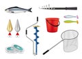 Fishing. Camping recreation items hooks spinner fishing rod butterfly decent vector realistic pictures set