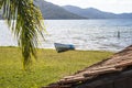 Fishing canoe on the grass and tiles roof