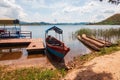 A fishing canoe at Lake Mutanda in Uganda at sunset