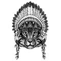 Fishing cat. Wild animal wearing inidan headdress with feathers. Boho chic style illustration for tattoo, emblem, badge