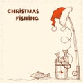 Fishing in Christmas night.Vintage winter image with fishing tackle and catch fishes card background Royalty Free Stock Photo