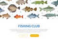 Fishing Club Landing Page Template, Marine and River Fishes Seamless Pattern, Fishing Sport Website, Homepage Flat