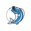 Fishing club logo. Jumping fish with bait and hook.