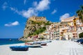 Fishing colorful boats on sandy beach, Scilla, Calabria, Italy Royalty Free Stock Photo