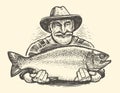 Happy old fisherman in hat holding a big fish. Fishing concept, sketch vector illustration Royalty Free Stock Photo