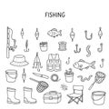 Fishing doodle icon set. Active recreation and hunting equipment. Royalty Free Stock Photo