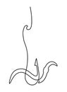 Fishing. Earthworm on a hook. Catch. Continuous line drawing illustration