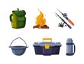 Fishing Equipment and Angling Item with Rod and Backpack Vector Set