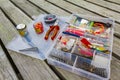 Fishing equipment with box on a wooden pier in Norway