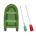 Fishing. Fishing equipment. Outdoor vacation. Isolated fishery hobby. Fish boots, rubber boat and oars. Fun activity