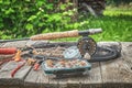 Fishing equipment. Rod, box with flies and landing nets Royalty Free Stock Photo