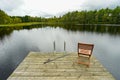 Fishing equipment on seat on lake. Feeder carp rods on wooden pier Royalty Free Stock Photo