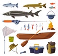 Fishing Equipment Set, Freshwater Fishes, Fishing Tools, Apparel, Boat, Accessories Cartoon Vector Illustration Royalty Free Stock Photo