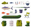 Fishing Equipment Set, Fishing Tools, Apparel, Boat, Accessories Cartoon Vector Illustration Royalty Free Stock Photo