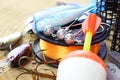 Fishing equipment on wooden Royalty Free Stock Photo