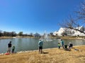 Fishing event at church pond in sunny Spring day at Southlake, Texas, America