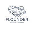 Fishing and fish, flounder grabs bait on hook and line, logo design. Seafood, food, angling on nature, vector design Royalty Free Stock Photo