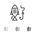 Fishing, Fish, Hook, Hunting Bold and thin black line icon set Royalty Free Stock Photo