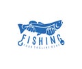 Fishing, fisher or fisherman holding fish, logo design. Fishing tackle, hook and float, vector design Royalty Free Stock Photo