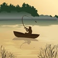 Fishing. Fisherman catches fish at sunrise. Morning nibble. A man in a boat floating on the lake. Person in the middle of the rive