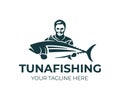 Fishing, fisherman holds tuna fish, logo design. Fishing sport club and angler, nature, animal and underwater life, vector design