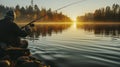 Fishing. Fisherman with rod, spinning reel on the river bank. Background Misty morning. Generative AI Royalty Free Stock Photo