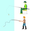 Fishing fishermen vector catches fish fisher threw rod into water catch and spin, man pulls net out of the river Royalty Free Stock Photo