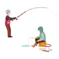 Fishing fishermen vector catches fish fisher threw rod into water catch and spin, man pulls net out of the river Royalty Free Stock Photo