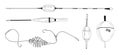 Fishing float bobber feeder vector illustration tackle set. Bait minnow line cork drawing. Silhouette outline. Fisher