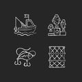 Fishing gear chalk white icons set on black background Royalty Free Stock Photo