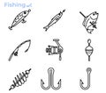 Fishing gear outline icon set.