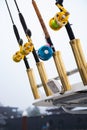 Fishing gear in a motor boat. Saltwater fly fishing and fly rod and reel Royalty Free Stock Photo