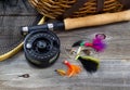 Fishing Gear on Rustic Wood Royalty Free Stock Photo