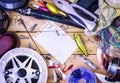 Fishing gear on the table as a frame Royalty Free Stock Photo